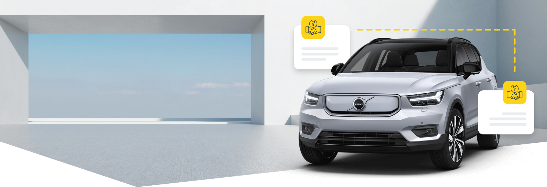Privater Kaufvertrag fürs Auto_Image Auto vor einem grauen Hintergrund mit zwei Kästen und Icons