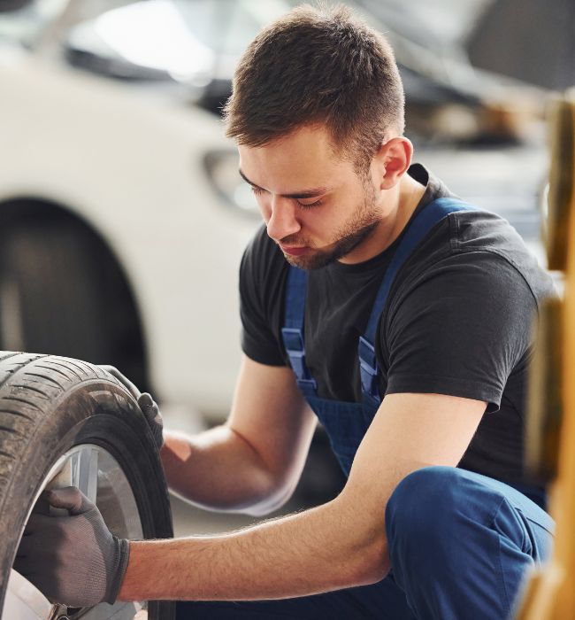 Ein Mechaniker zieht einen neuen Reifen auf in der Werkstatt