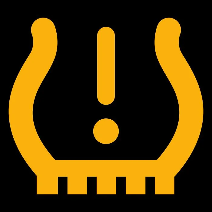 Die Grafik zeigt das Warnzeichen des Reifendruck-Kontrollsystems, ein Ausrufezeichen umgeben von Klammern.