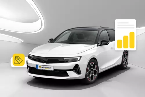 Ein Auto symbolisiert mit einem Diagramm die Frage, wie viel ist mein Auto wert.