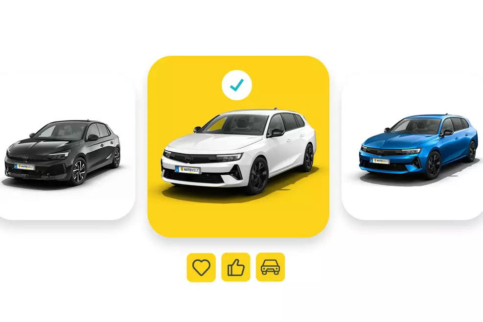 In dem Bild sieht man drei Fahrzeuge zur Auswahl in Bezug auf die Frage, welches Auto am besten zu mir passt 