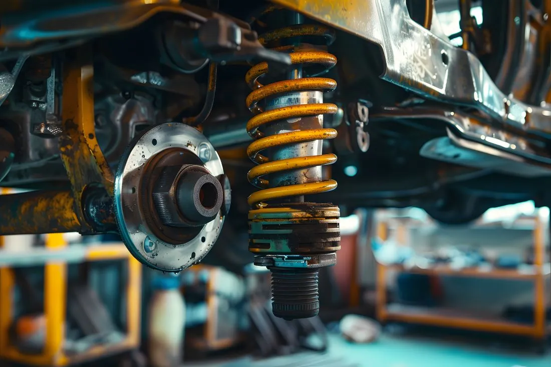 Ein Stoßdämpfer, der möglicherweise quietscht, wird in einer Werkstatt untersucht.